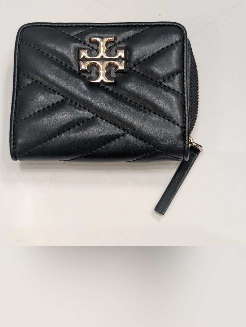Tory Burch Kira Chevron Bi-Fold Wallet Black Quilted Leather Gold Hardware